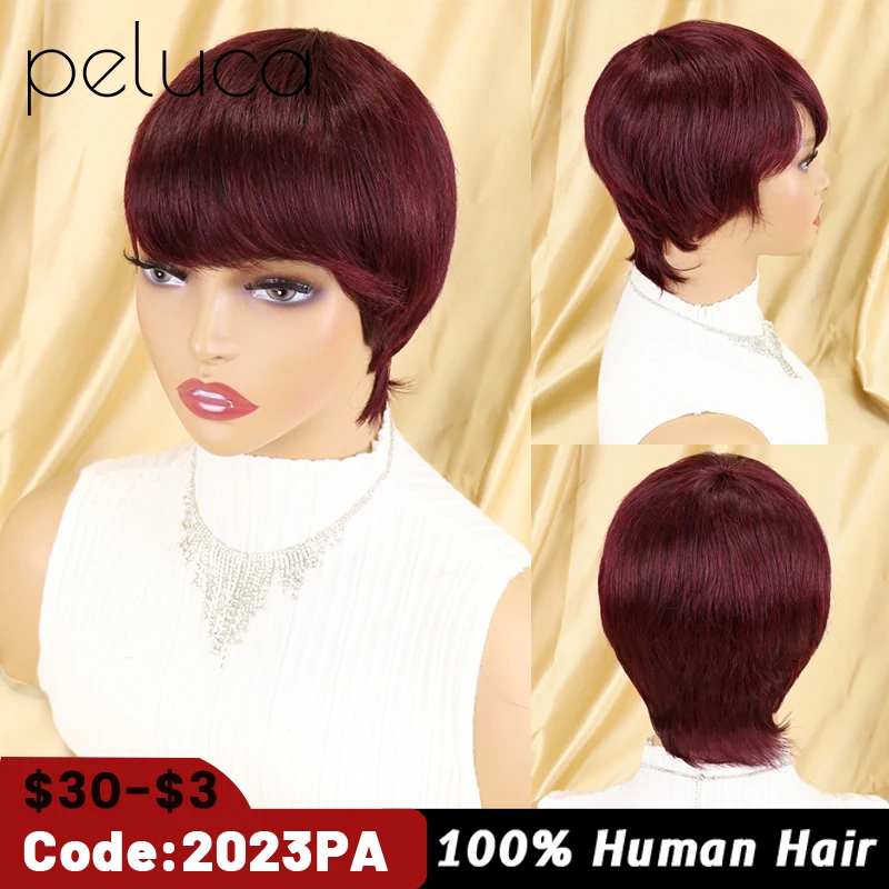 

Pixie Cut perruque cheveux humain Full Machine Made Human Hair Glueless Wig Short Bob Cheap Human Hair Wigs Burgundy Brown
