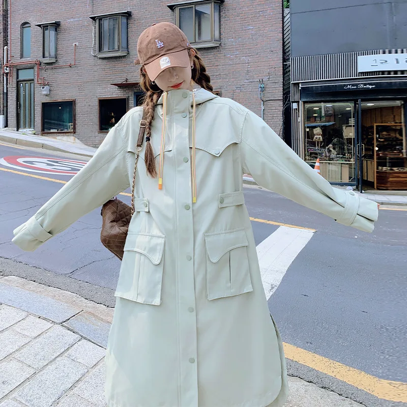 

SuperAen Korean Hooded Windbreaker Coat Women Autumn 2023 New Loose Design Fashion Long Trench Coat