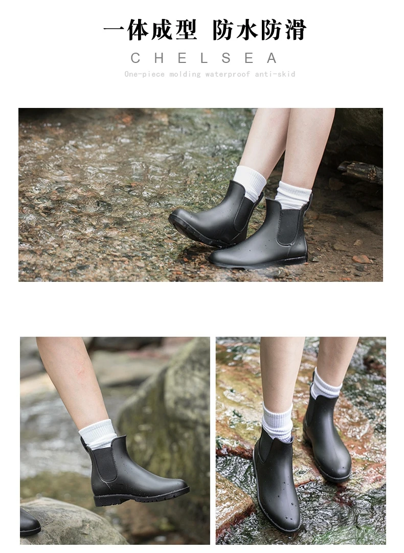 Litfun Women Chelsea Rain Boots Shiny Ankle Boots Waterproof Upper Toe Elastic Band Low Sole Fashion Non-slip Comfortable Boots