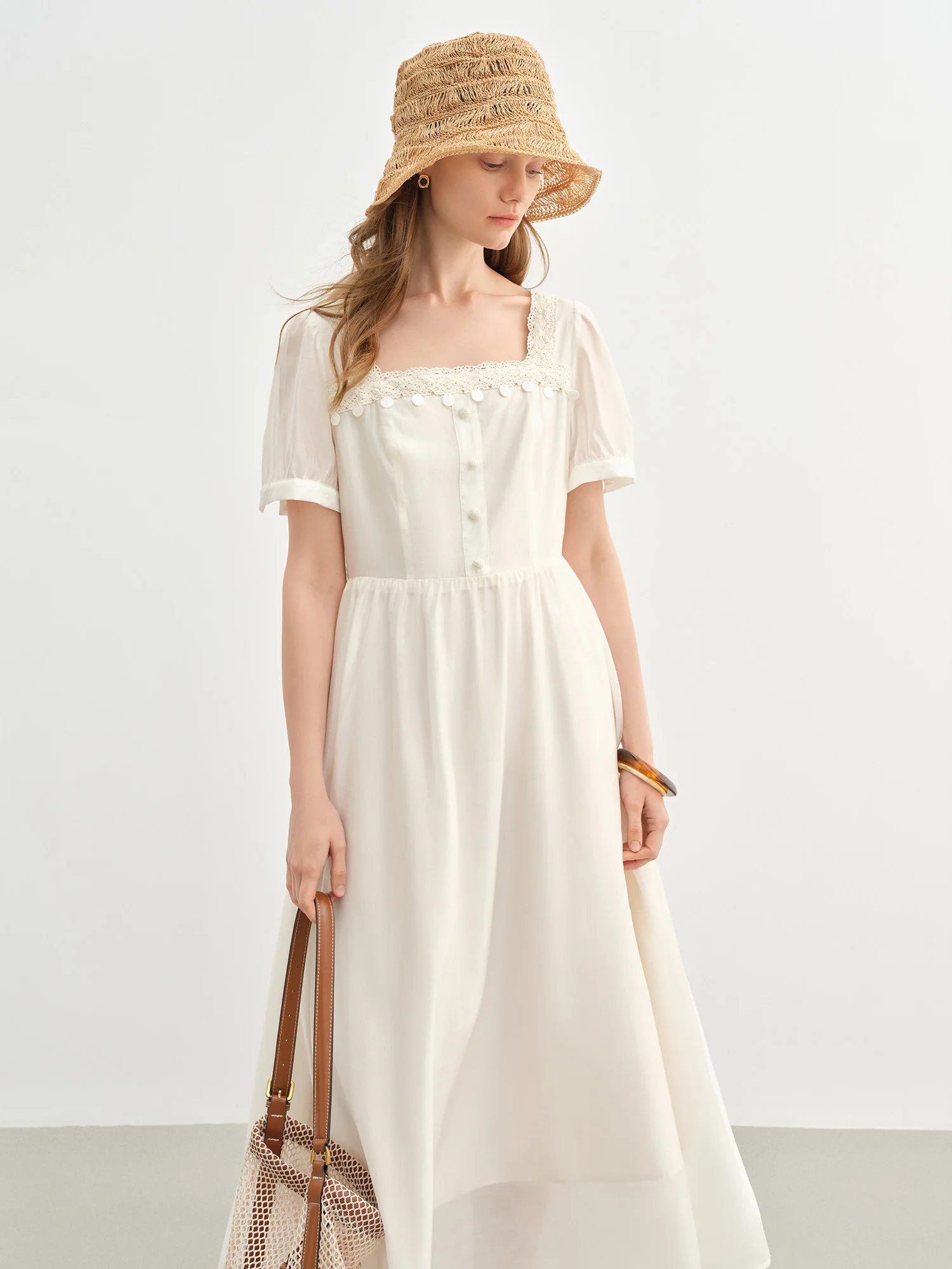 DUSHU Holiday Wave Playful Skirt Summer Travel Midi-length Dresses Lace Ribbon Square Neck Dress 25DS82742 1