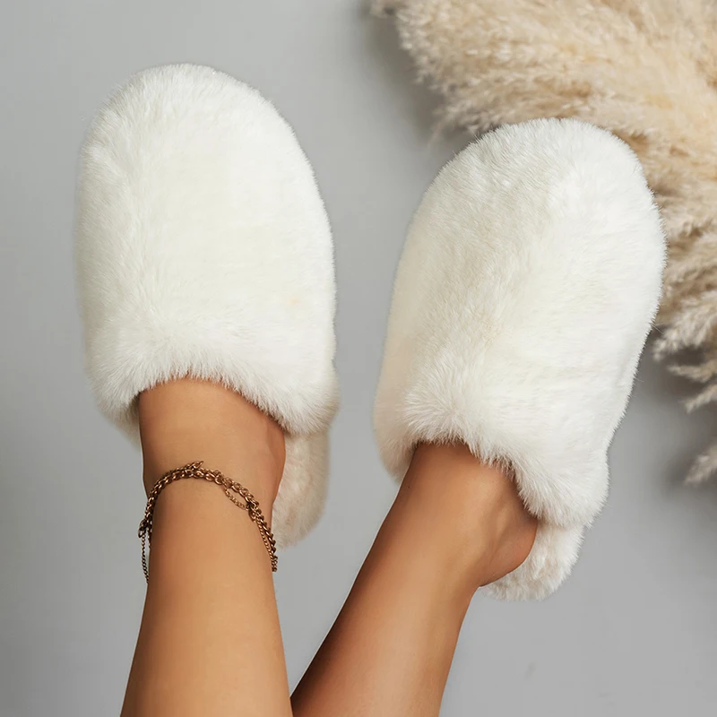 2025 Winter Beige Fluffy Fuzzy Slippers Women Comfortable Warm Home Cotton Slippers Woman Indoor Non Slip Flats Plush Slides