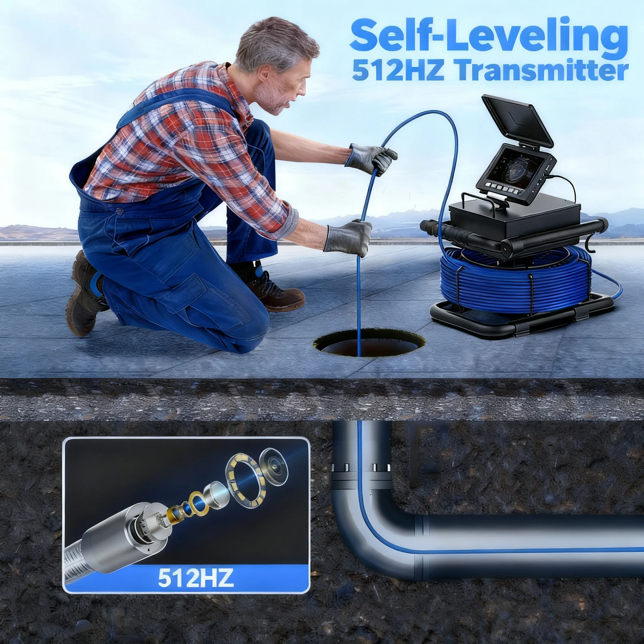Sewer Inspection Camera - 512Hz Self-Leveling Sewer Camera with 10/20/30/50M Fiberglass Cable , IP68 Waterproof Sewer Endoscope 2