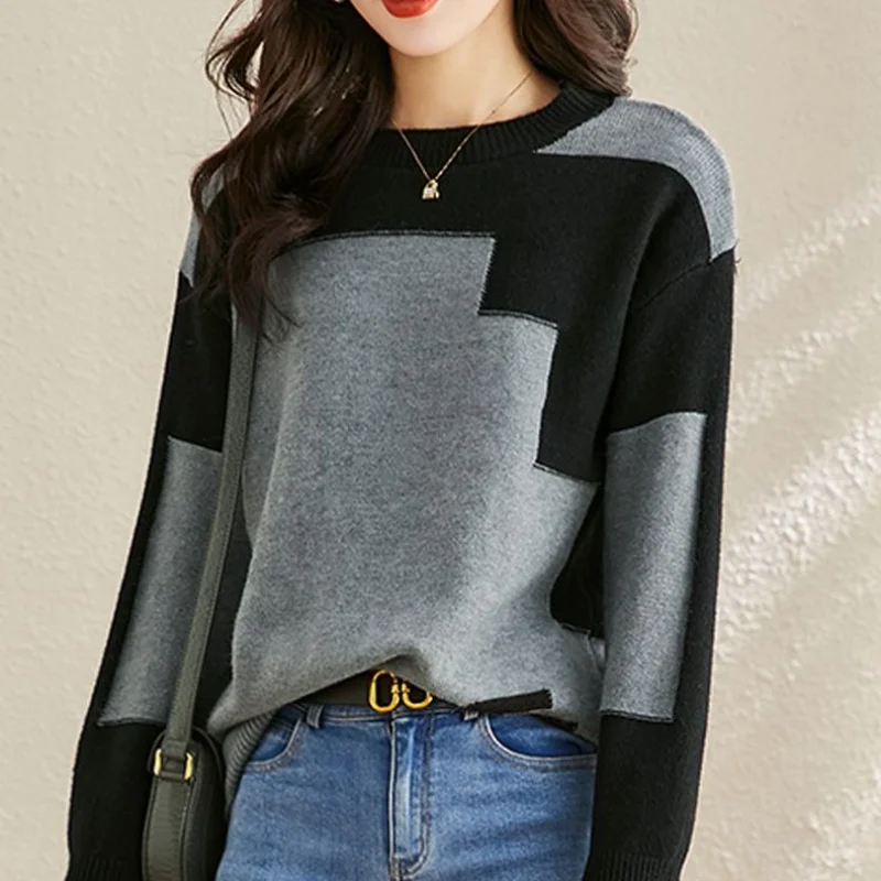 2023 Autumn/Winter New Round Neck Long Sleeve Sleeves Show Thin Contrast Knit Bottom Shirt Temperament Office Lady Women's Top 2