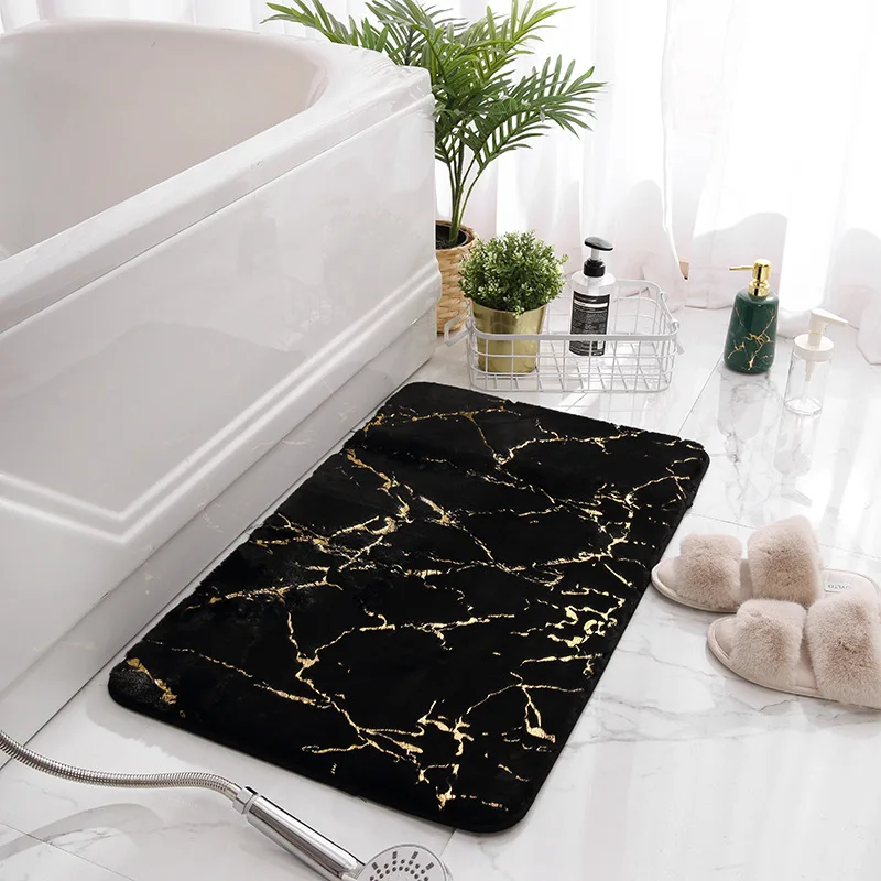 Luxurious Black and Gold Marble Bathroom Rug - Soft and Nonslip Rabbit Fur Bath Mat