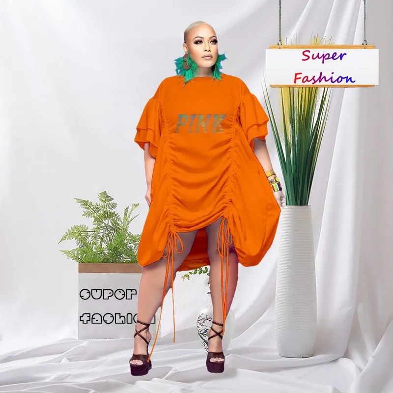 

WSFEC XL-5XL Summer 2023 Fashion Plus Size Dresses African Women Clothing Solid Pleated Short Sleeve Casual Midi Dress Outfits