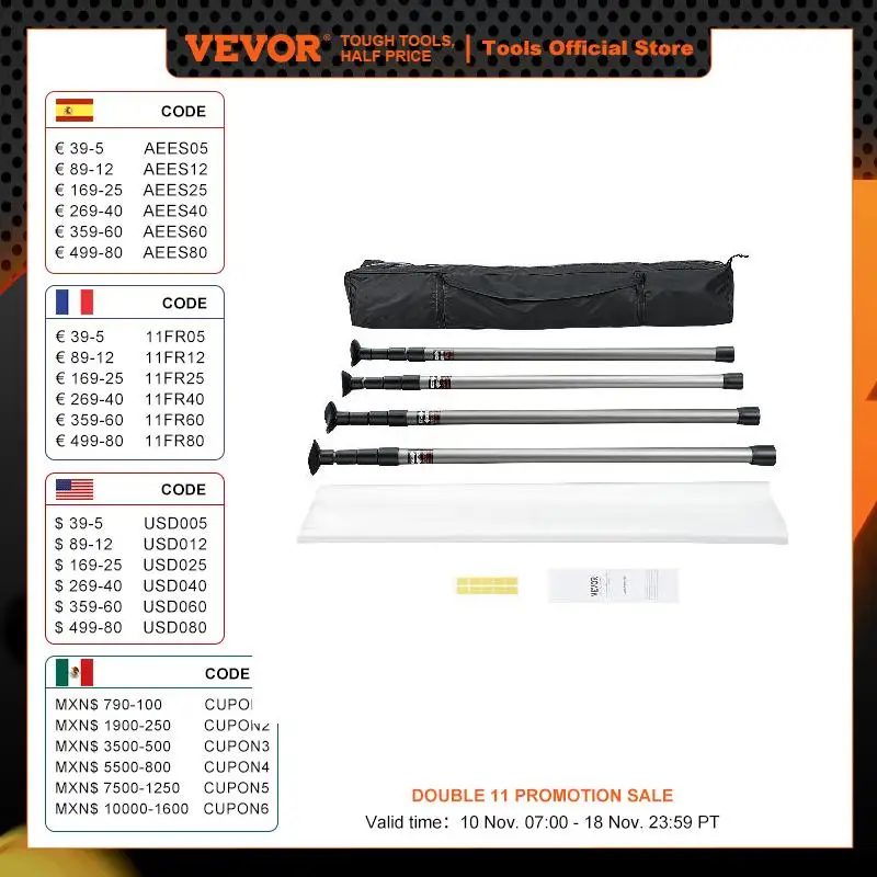 VEVOR Dust Barrier Poles Dust Barrier System w/ 4 Telescoping Poles Plastic Film Carry Bag for Interior Decoration Paint Project