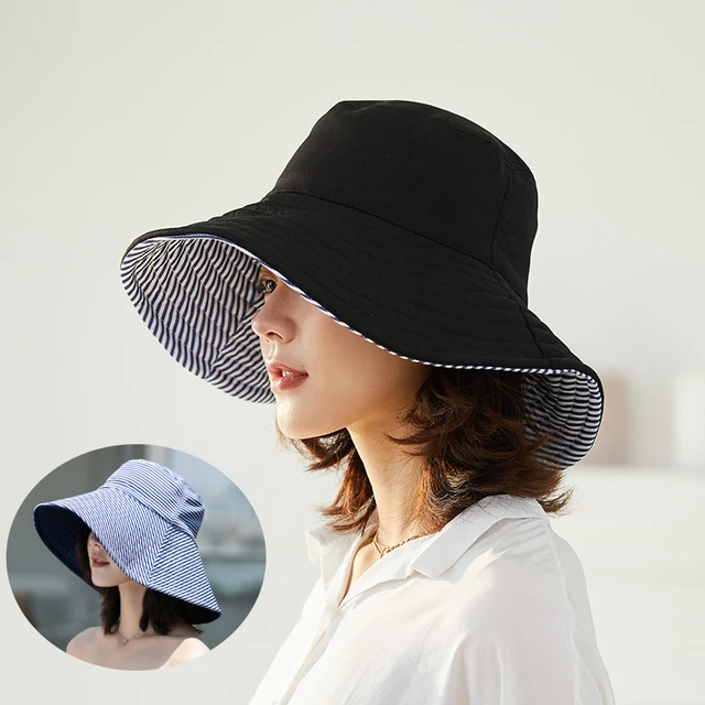 Double Side Wear Fisherman Hat For Women Solid Striped Bucket Hats