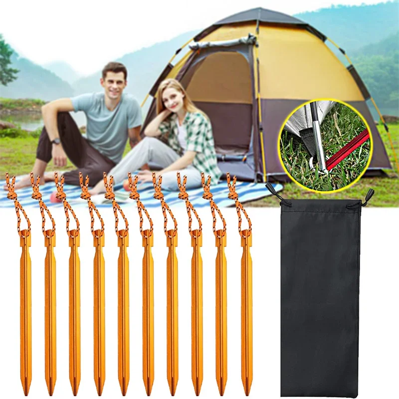 Tent Pegs 10pcs/1Set Aluminum Alloy Ultralight Tent Pegs 18cm Outdoor Camping Ground Nail Reinforce Tent Stakes with Wind Rope Storage Bag