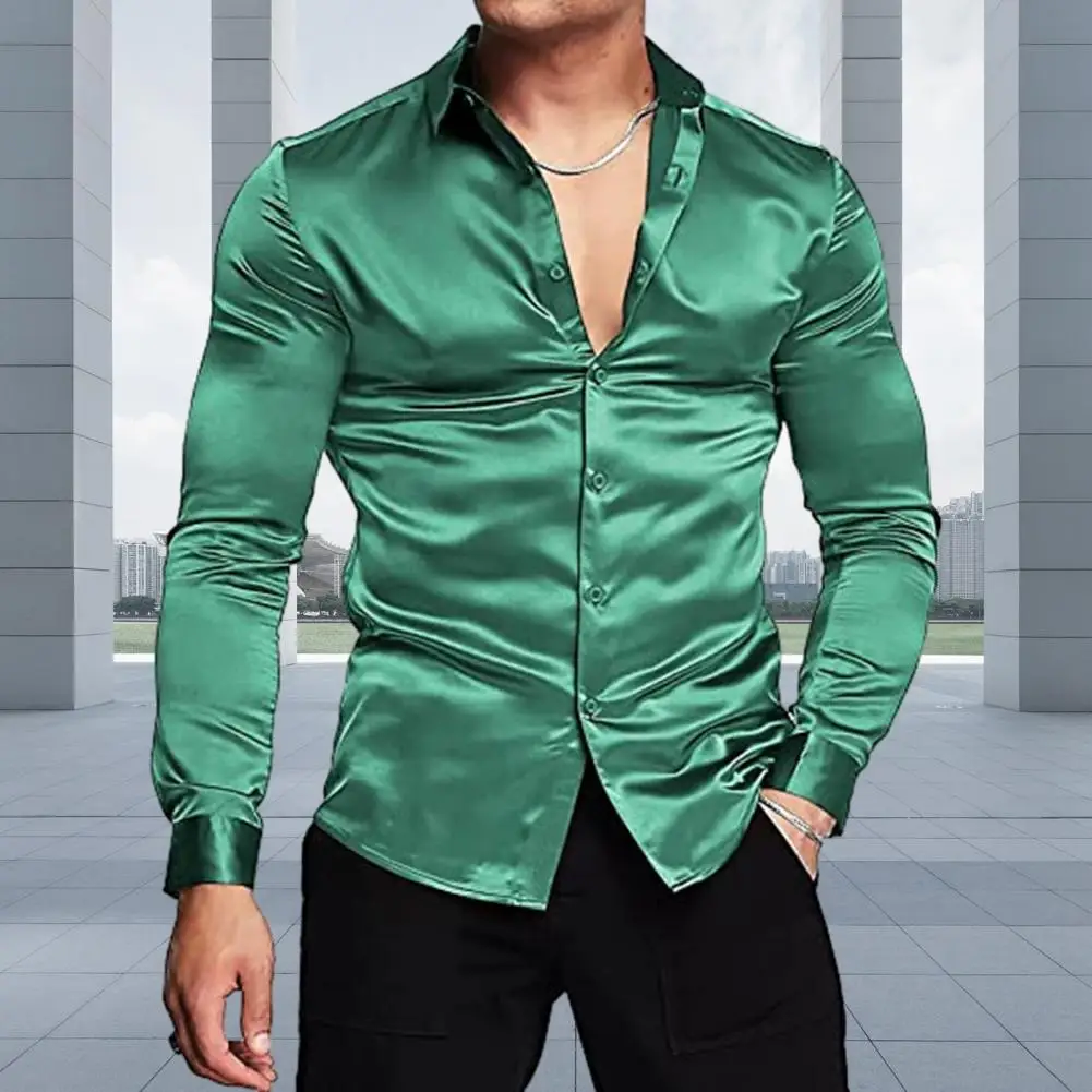 Men Long Sleeve Shirt Men's Slim Fit Shiny Silk-like Satin Long Sleeve Dress Shirt with Lapel Button Down Casual for Formal