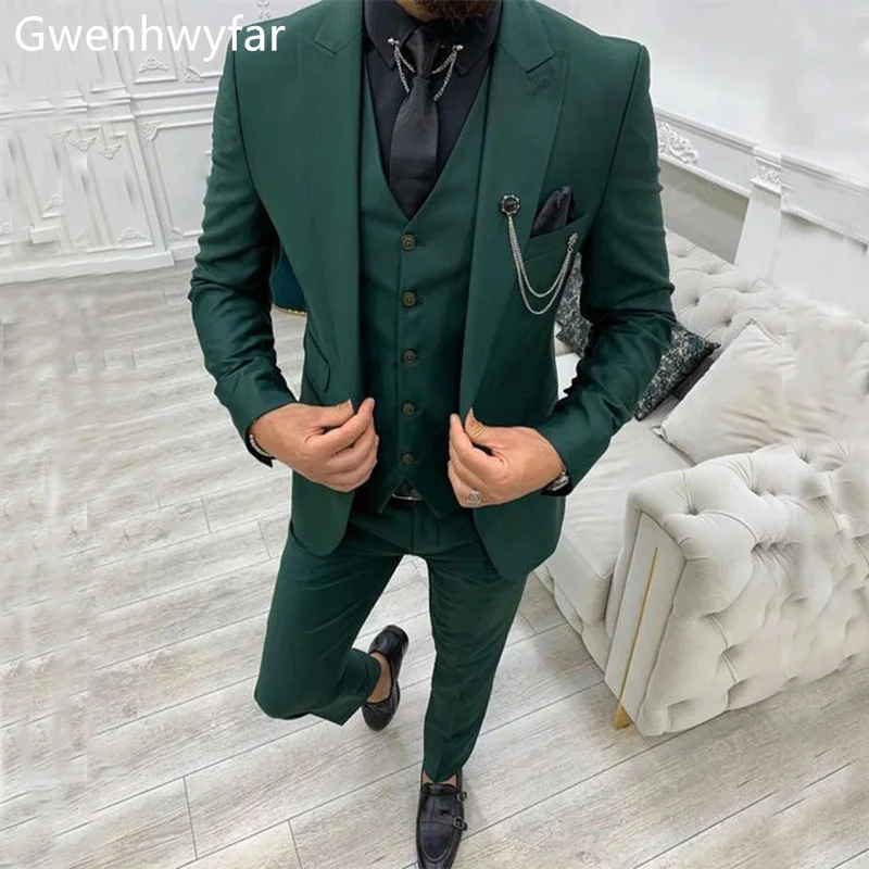 

Gwenhwyfar Fall 2022 Latest Green 3-Piece Groom's Wedding Tuxedos Peak Lapel Single Breasted Men's Formal Suits Coat+Pants+Vest
