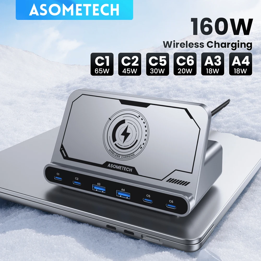 Estación de carga USB de 160W, carga inalámbrica 65W PD PPS 45W GaN, cargador rápido para IPhone 15 14 Pro, Samsung, portátil y tableta
