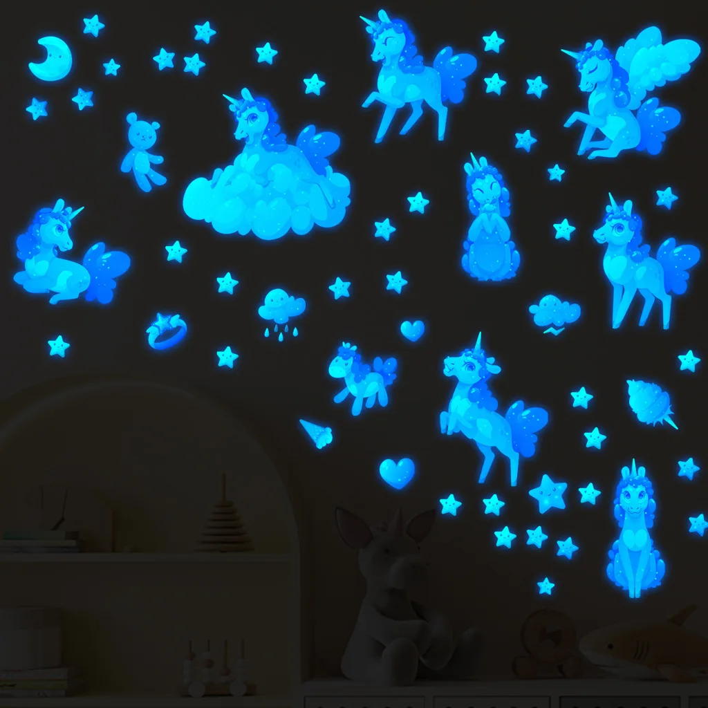Cartoon Luminous Unicorn Wall Stickers For Kids Rooms Ceiling Home Decor Wall Decals Fluorescent Stars Glow In The Dark Stickers