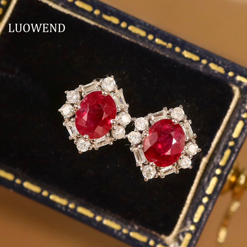 LUOWEND 18K White Gold Earrings Real Natural Ruby and Diamond Shining Flower Shape Party Fine Women Engagement High Jewelry led bathroom mirror cabinet shining white 60x11x80 cm