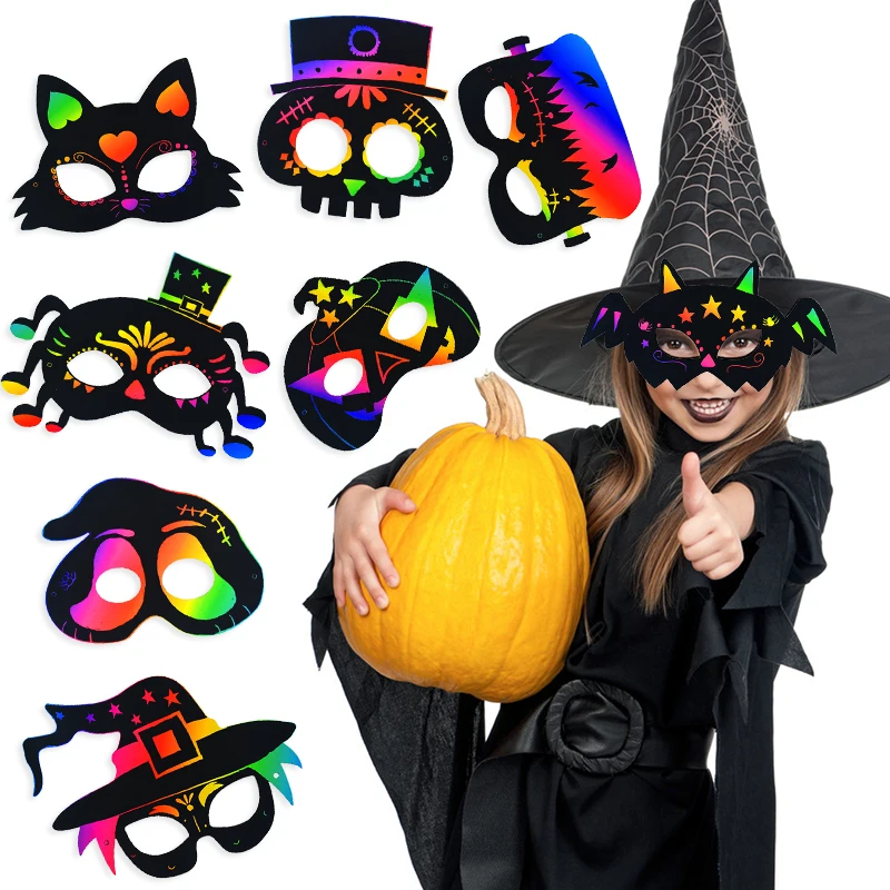 

Magic Rainbow Color Scratch Art Painting Paper Mask Cartoon Pumpkin Bat Ghost Mask DIY Educational Toys Halloween Gift