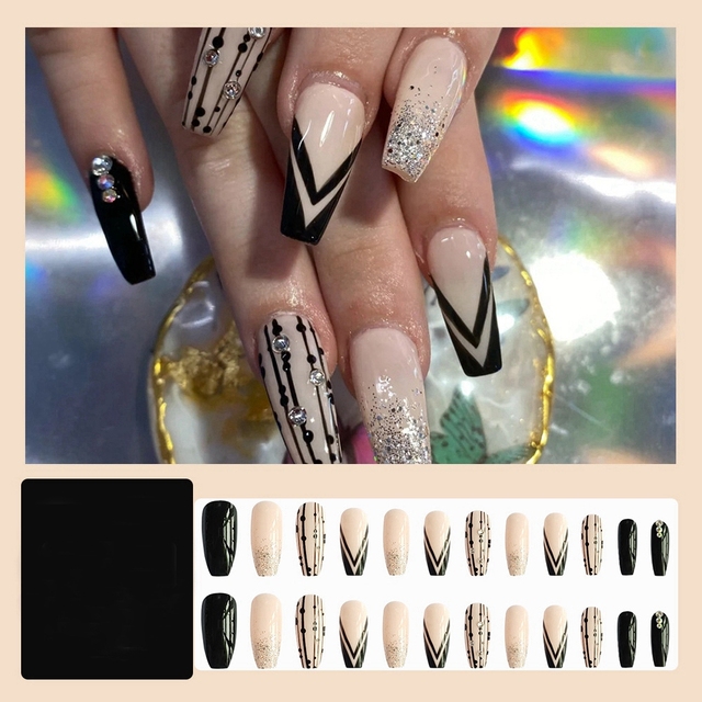 Coffin French Nail Crystal AB Shine Decorative False Nails Long Ballerina Rhinestones Press On Artificial False Nail Tip