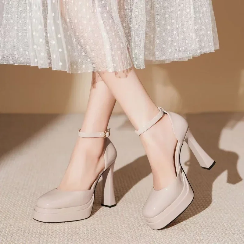 Women's Sexy Super High Heels Pointed Tip Thick Heel Ankle Strap Platform Heels Side Cutout Wedding Banquet Sandalias De Mujer 4