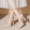 Women's Sexy Super High Heels Pointed Tip Thick Heel Ankle Strap Platform Heels Side Cutout Wedding Banquet Sandalias De Mujer 4