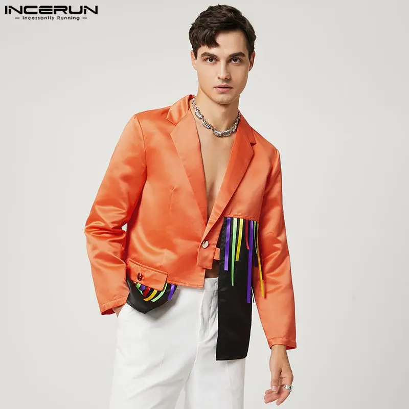 

American Style Men Fashion Irregular Stitching Blazer Colorful Striped Fringed Long-sleeved Suit Jackets S-5XL INCERUN Tops 2023