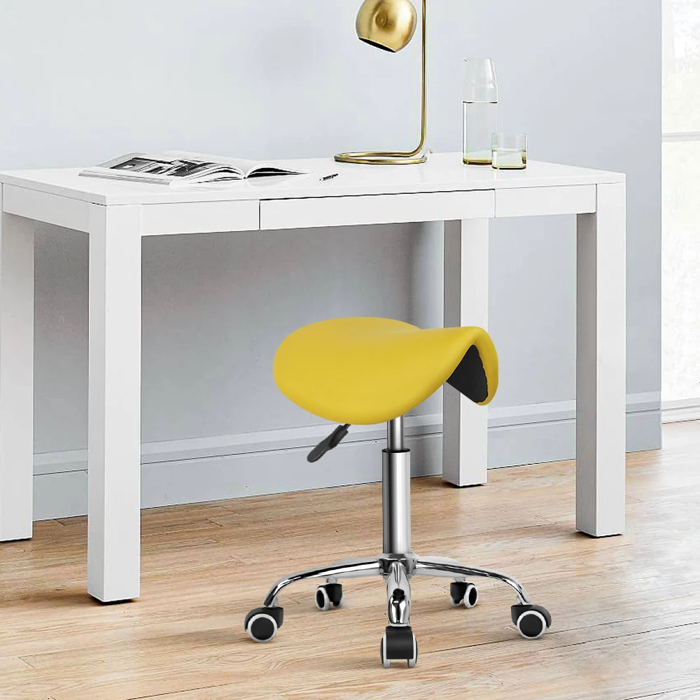 KKTONER Rolling Saddle Stool PU Leather Swivel Adjustable Rolling Stool with Wheels Salon Chair (Yellow) 5