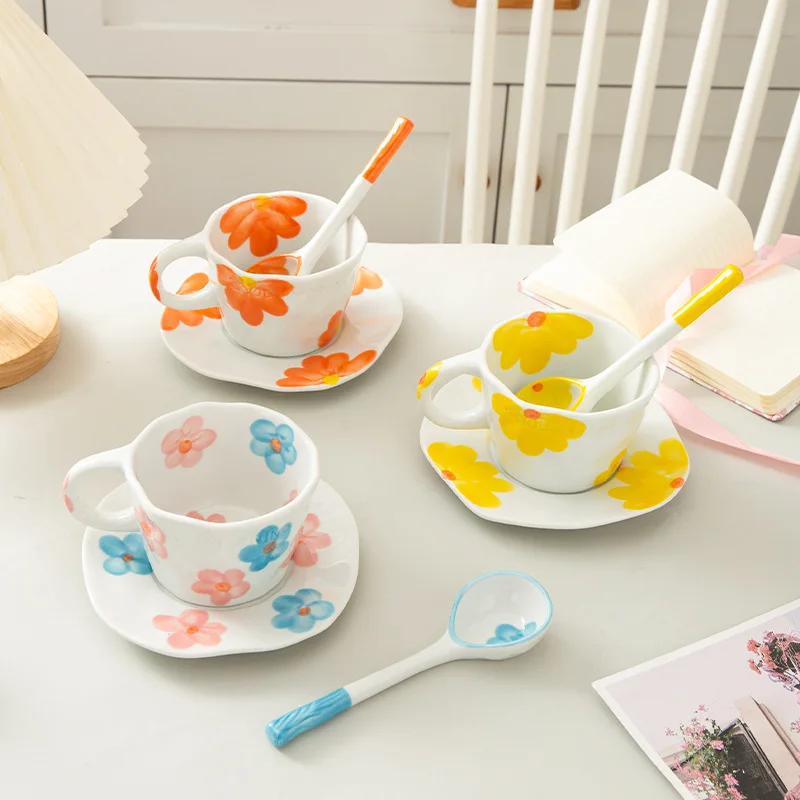 

Lovely Flowers Coffee Cup with Saucer and Spoon Fashion Ceramic Cup Water Cup Drinking Cup Tea Cup Milk Cup Kitchen Accessories