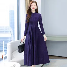 

Winter Elegant OL Office Women's Dress High Waist Slim Plus Size Velvet Padded Thick Bluish Violet Long Midi Dress Women Warm