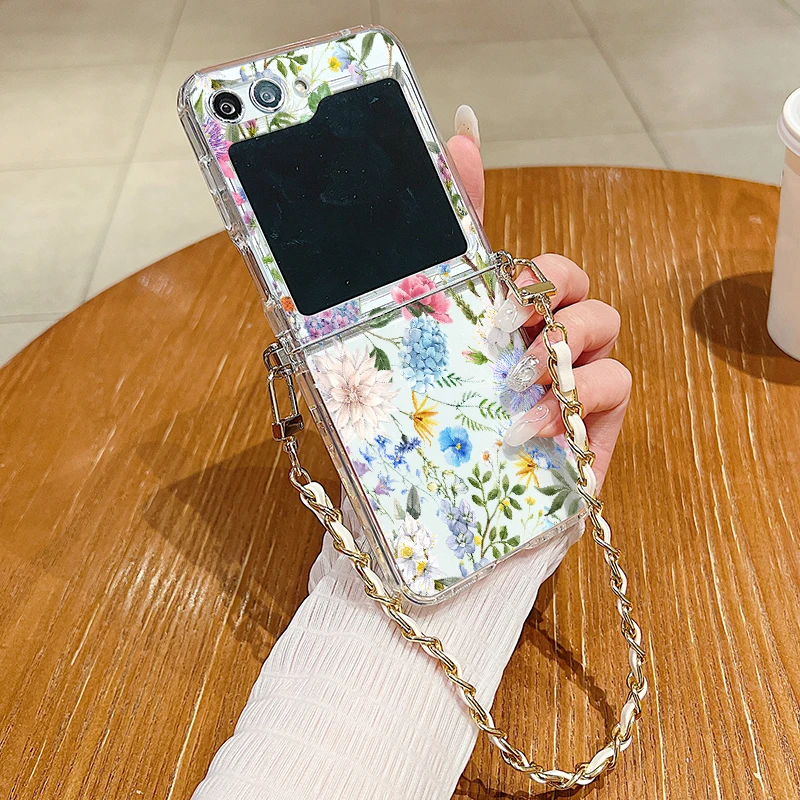 Hydrangea Print Metal Lanyard Case For Samsung Galaxy Z Flip6 Flip5 Flip4 Flip3 Flip 6 5 4 3 Shockproof Clear Soft Phone Cover_voghion.com