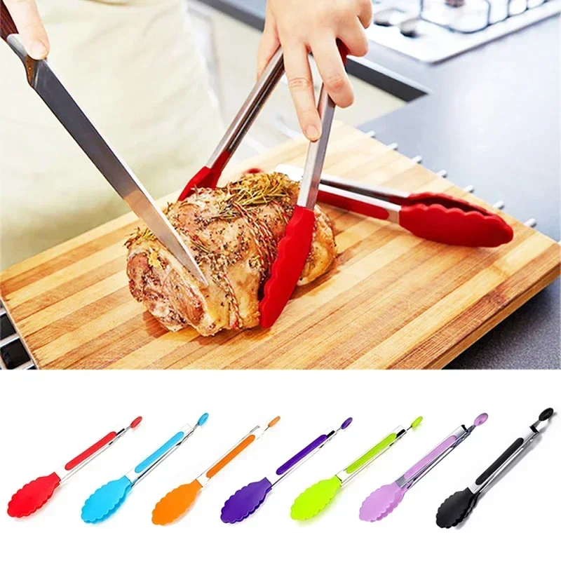 Food Tongs Kitchen Portable Baking Tool Stainless Steel Tongs Silicone Handle BBQ Non-Slip Food Utensil Clip Clamp Tools