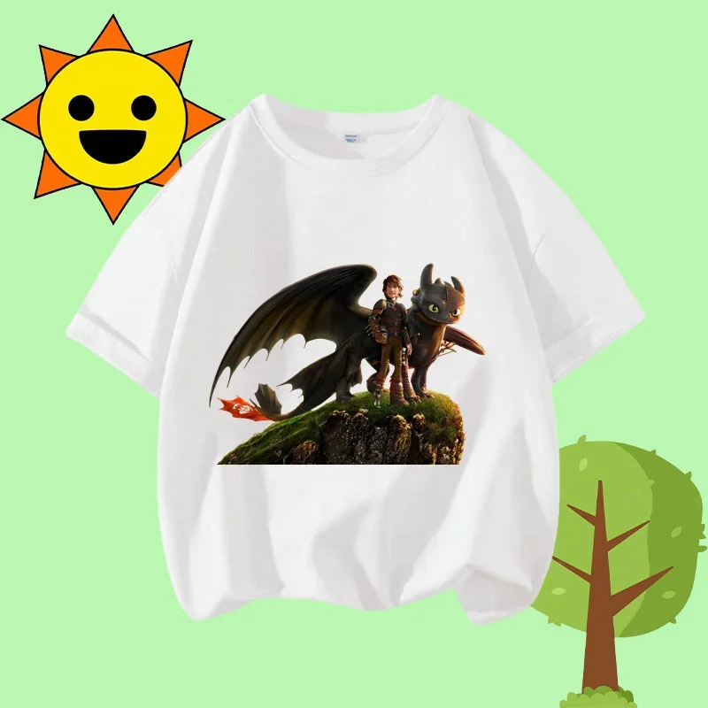 T-shirt d'été avec imprimé de dessin animé d'enfant sans dents, dompteur de Dragon, chemise de Sport à manches courtes et col rond pour enfants, décontracté