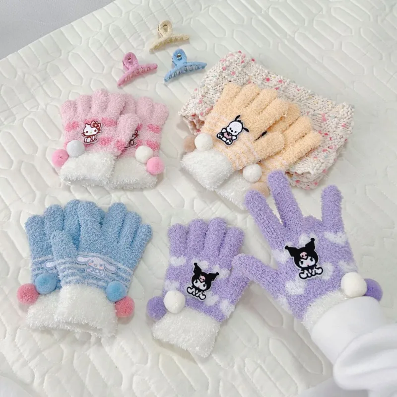

Kawaii Sanrio Anime Hello Kitty Kuromi Winter Plush Warm Gloves Cute Cartoon My Melody Ride Cold-proof Gloves Gifts