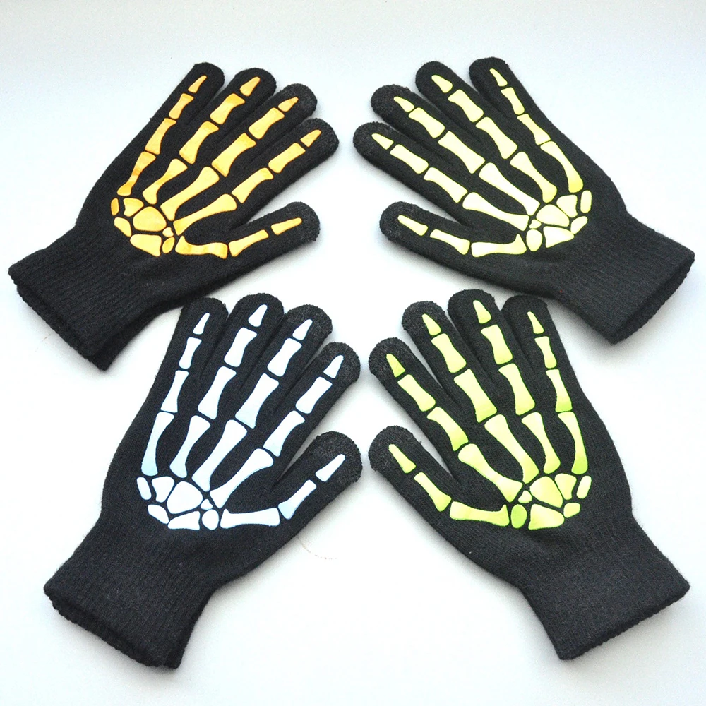 

Перчатки трикотажные унисекс, теплые дышащие митенки с принтом скелета, с подсветкой, с пальцами, для фитнеса, велоаксессуары