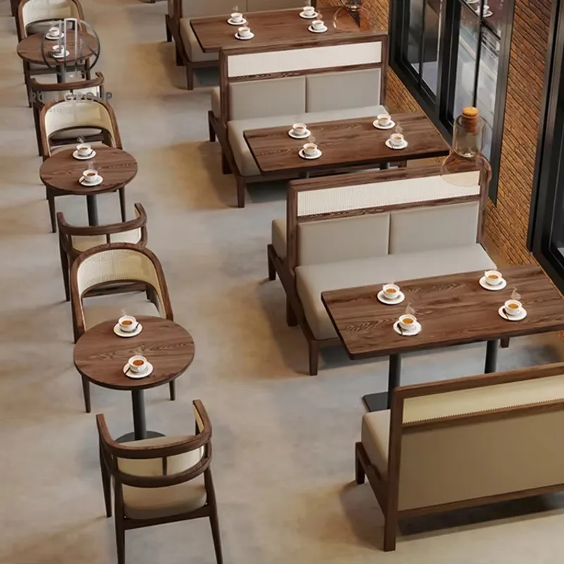 Coffee Shop Fast Food square Commercial Cafe Leather Round Wood Restaurant Bench Sofa Furniture Booth Seating Table Chair Set