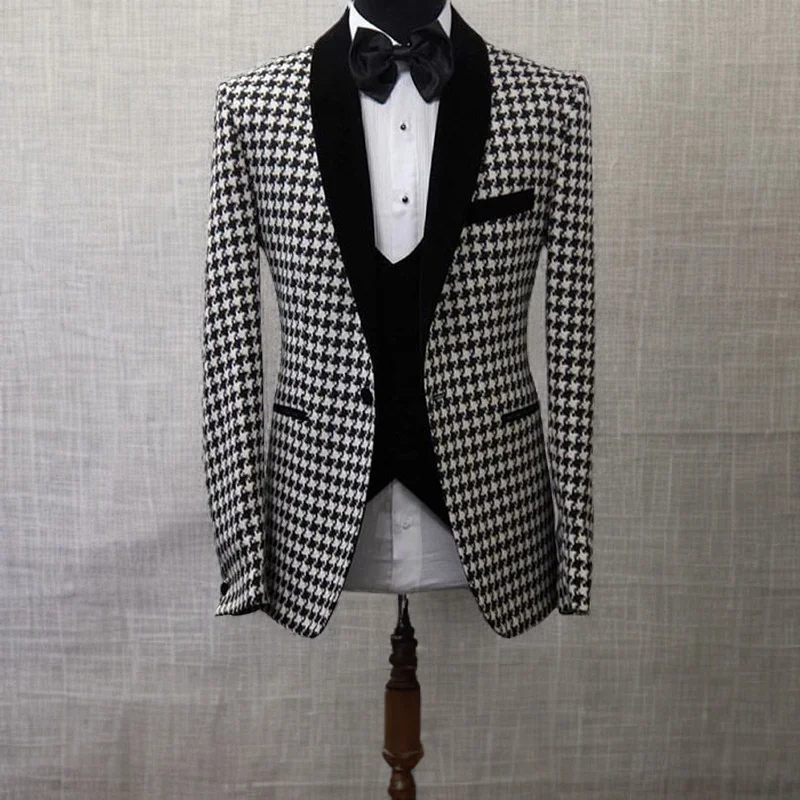 

Houndstooth Checkered Wedding Suits for Mens Groomsmen Tuxedos 3 Piece Male Set Jacket Vest with Black Pants Fashion Costume