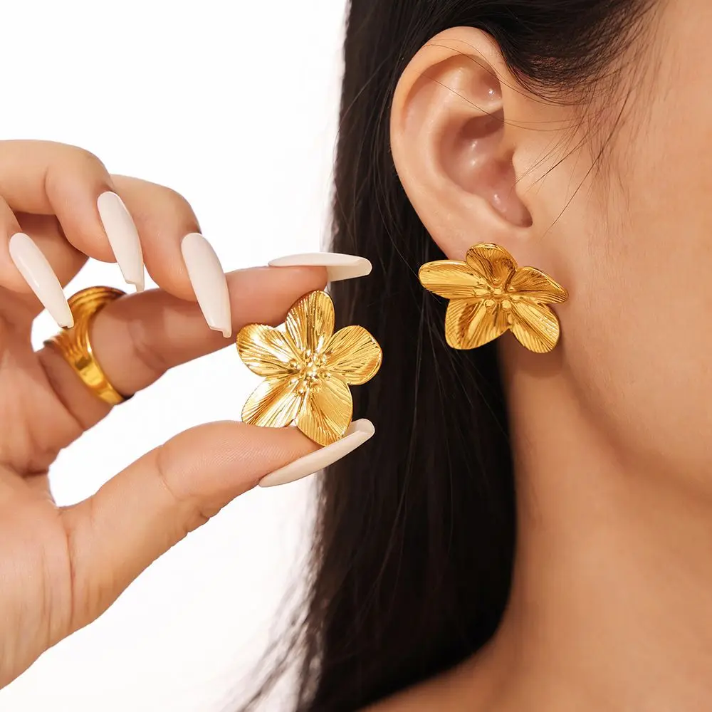 Elegant Flower Earrings For Women Gold Color Stainless Steel