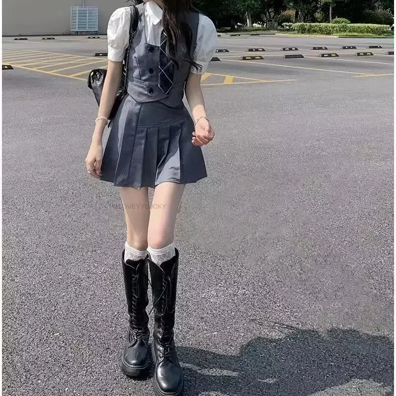 Summer New Fashion Women Korea Uniform Style Jk Dress Set Vest Short Shirt Pleated a-line Skirt Three Pieces Girl Sexy Jk Set