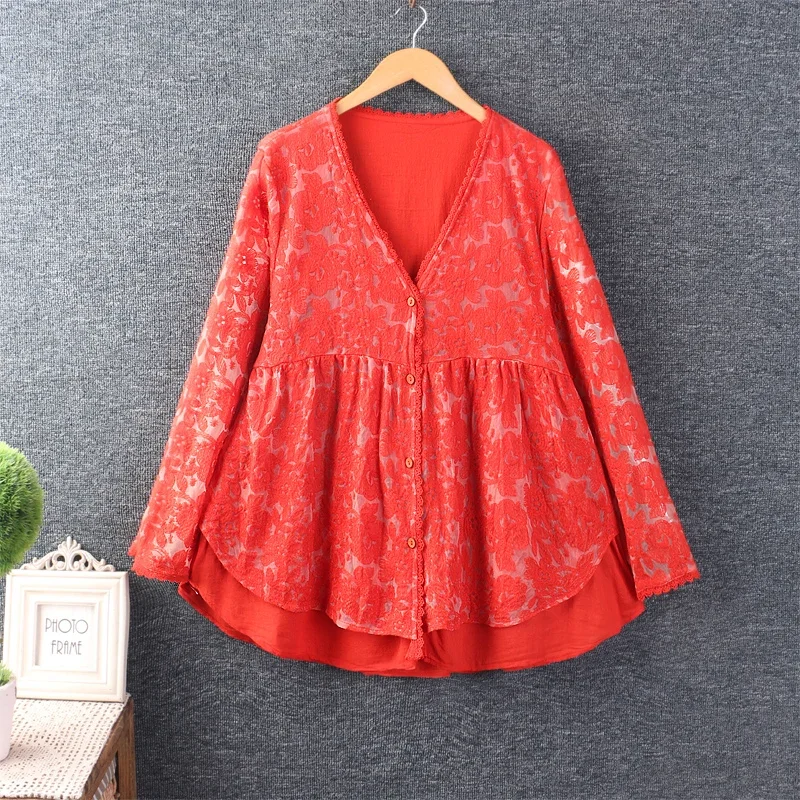 Women's Long Sleeve Shirt, Japanese Style, Sweet Lace Embroidery, V-Neck, Cotton Blusa Tops, Spring, Summer, Korean, Cute