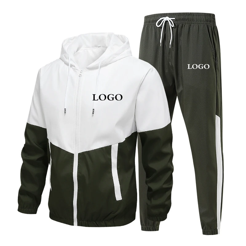 Custom Logo Men Tracksuit Patchwork Zipper Cardigan + Sweatpants 2 Pieces Set Spring Autumn Fashion Streetwear Male Jogging Suit