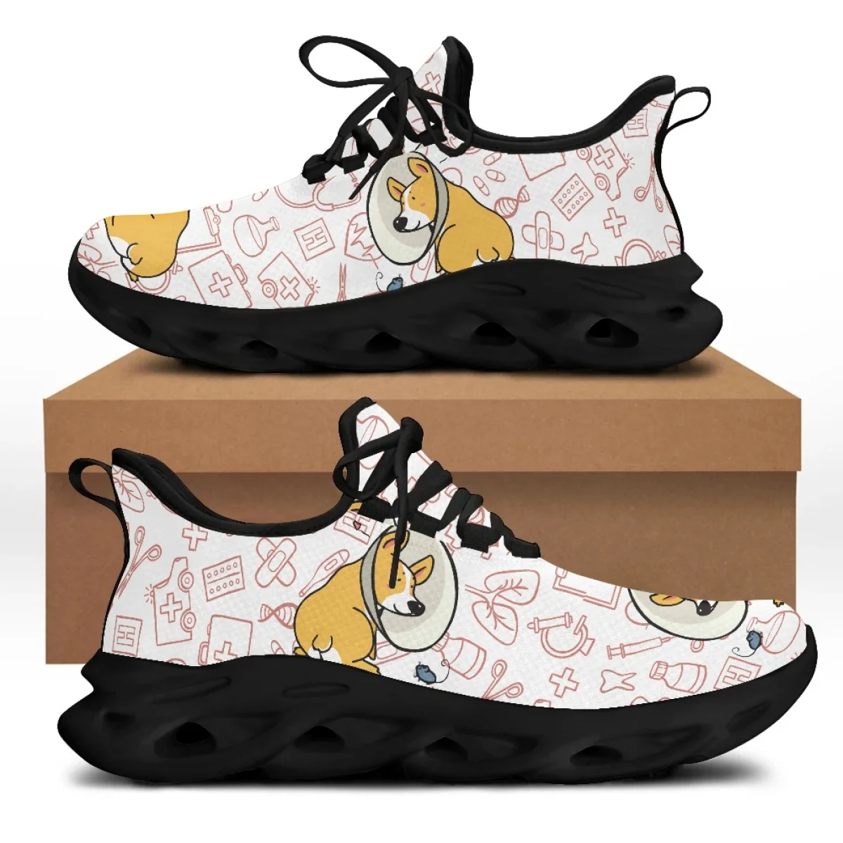 Yikeluo Paramedic Cartoon Dog Pattern Platform Sneakers for Lady Lace up Mesh Swing Shoes Women Lightweight Nursing Shoes Zapato