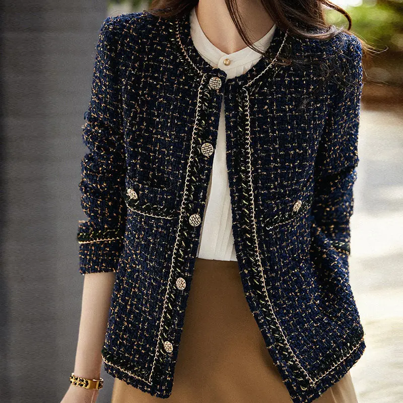 Fashion Plaid Vintage Jacket Women Elegant Long Sleeve Tweed Coat Korean Style Round Neck Button Patchwork Wool Blend Outwear