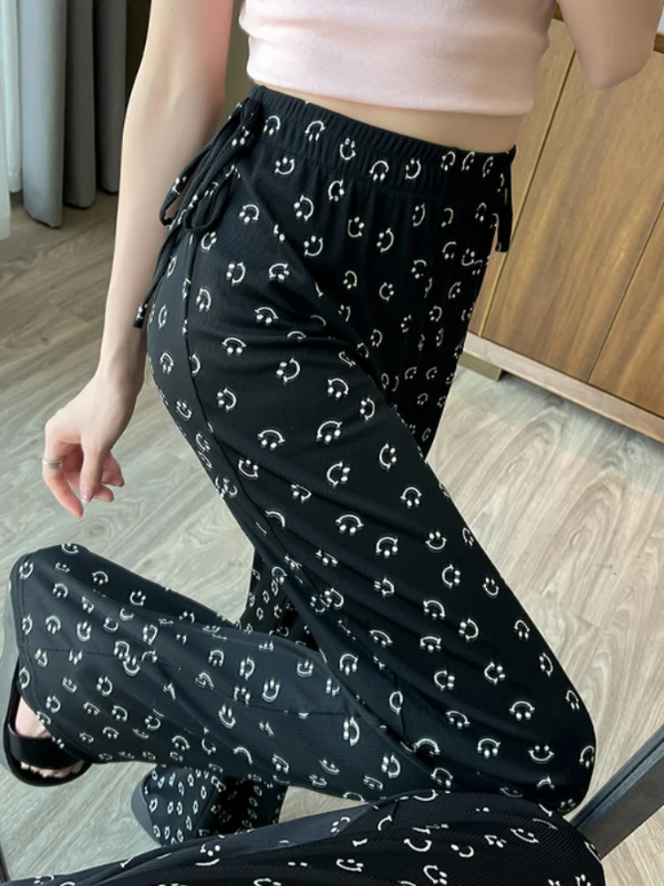 

ADAgirl Black Smile Print Sweatpants Women Vintage Flare Pants Spring Autumn Y2k Causal Kpop High Waist Boot Cut Female Trousers