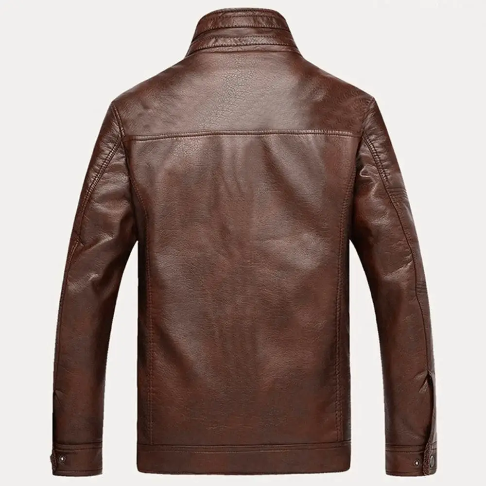 Description Picture 6 of itemJacket Fleece Stand Collar Long Sleeve Men Faux Leather Warm Lined Zip Short Jacket