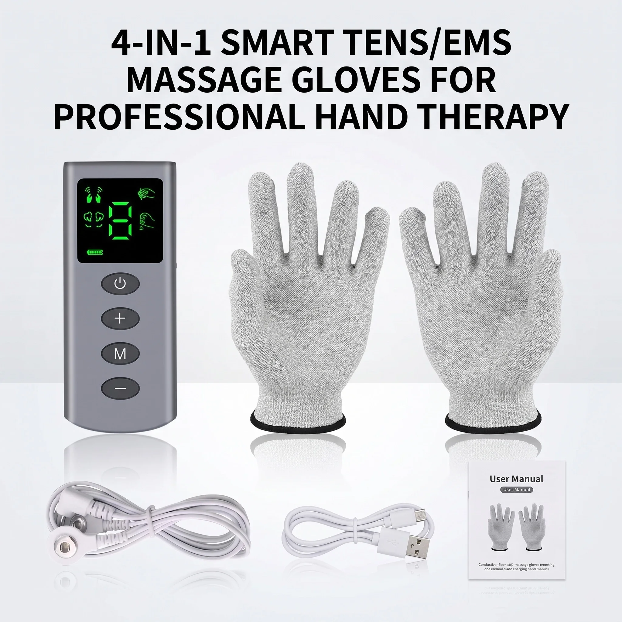 Guanti Massaggianti TENS EMS, Stimolatore Muscolare, Dispositivo per Fisioterapia Manuale, Sollievo dal Dolore, 4 Modalità, 9 Livelli, Kit Portatile per Cura della Bellezza e Spa