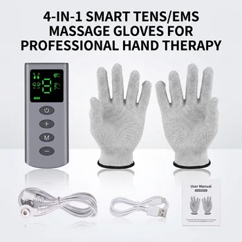Guanti Massaggianti TENS EMS, Stimolatore Muscolare, Dispositivo per Fisioterapia Manuale, Sollievo dal Dolore, 4 Modalità, 9 Livelli, Kit Portatile per Cura della Bellezza e Spa
