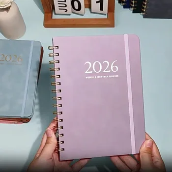 A5 2026 Agenda mensile settimanale Copertina in pelle PU Quaderni di pianificazione a bobina auto-riempimento con calendario con cinturino Blocco note per agenda giornaliera