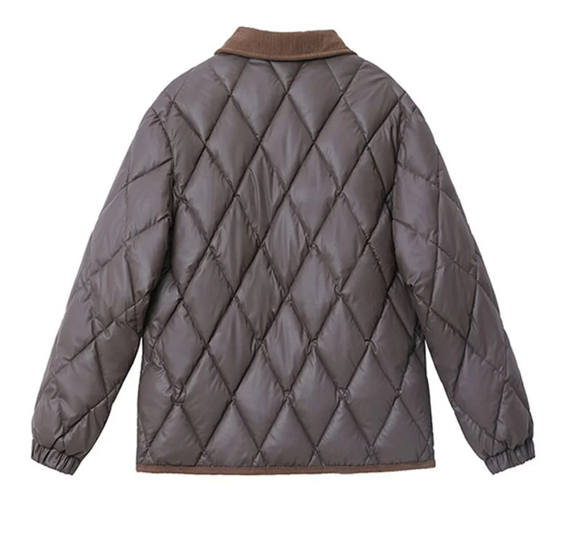 Autumn Winter Overcoat PU Leather Cotton-padded Jacket Women's Rhombic Lattice Short Coats Female Warm Outerwear No-wash Parkas