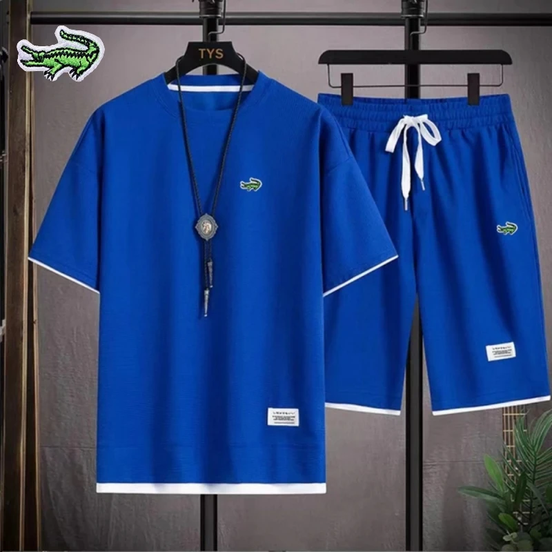 

Мужская Новая высококачественная вафельная футболка из двух предметов, повседневная льняная футболка и Мужская спортивная одежда, модные шорты, спортивная одежда