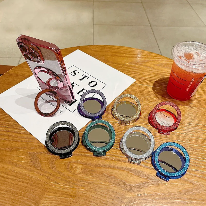 Glitter Bling Rotating Magnetic Phone Ring Holder with Round Mirror Design