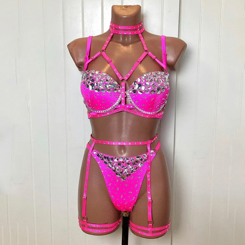 

Sexy Pole Dance Costumes Pink Rhinestones Bikini Women Nightclub Dj Ds Gogo Dance Clothing Stage Performance Rave Outfit XS6700