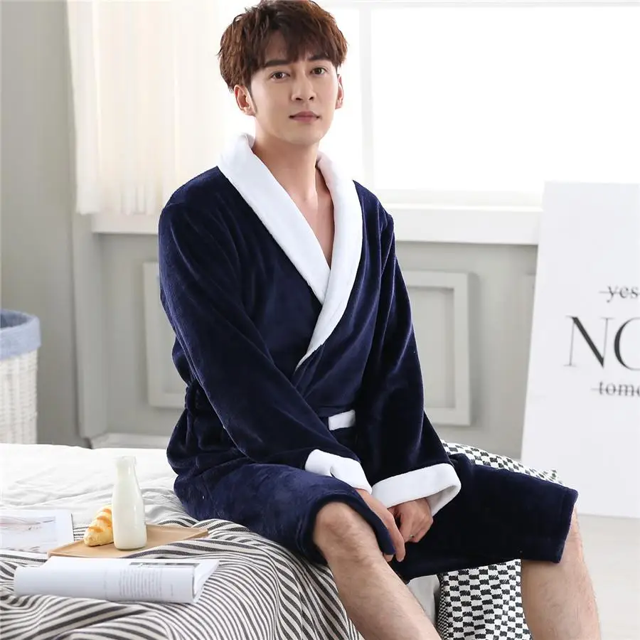 Men Casual Kimono Bathrobe Autumn Winter Flannel Long Robe Thick Warm Sleepwear Plus Size 3XL Nightgown Male Loose Home Wear silk sleepwear Men's Sleep & Lounge