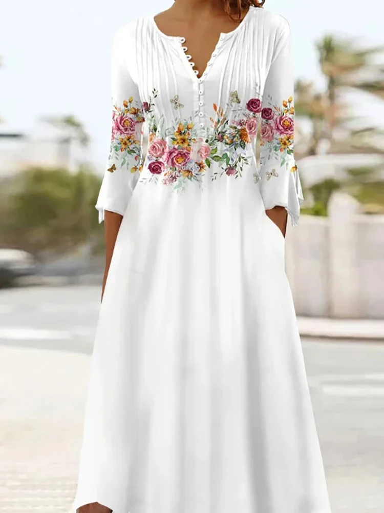 

Patchwork Pockets Button V Neck Dresses Women Summer Holiday Print Long Sleeve Dress Casual Loose Streetwear Party A Line Dress