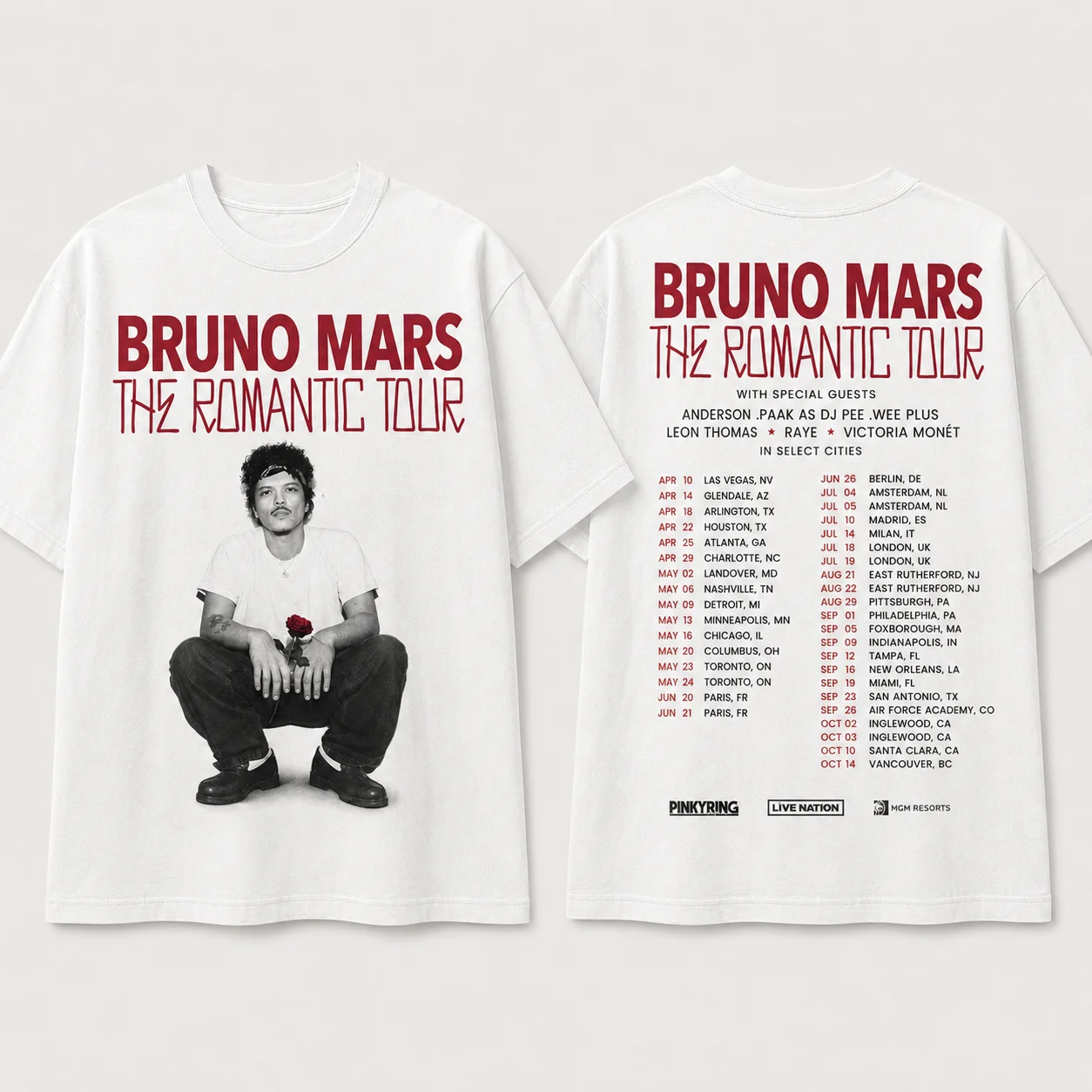 Bruno Mars The Romantic Tour T-Shirt Konzert-Merchandise Doppelseitiges Grafik-T-Shirt Kurzarm Casual Fan-Top